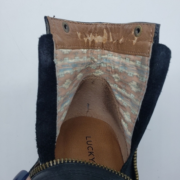 Lucky Brand women US 9.5 black ankle booties leather stacked heel side zip snap - Picture 8 of 14